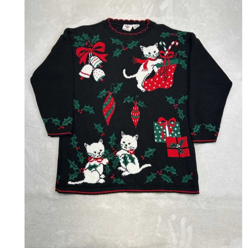 Vintage Christmas Sweater Womens XL Black Kitten Cat Holiday NutCracker Ugly